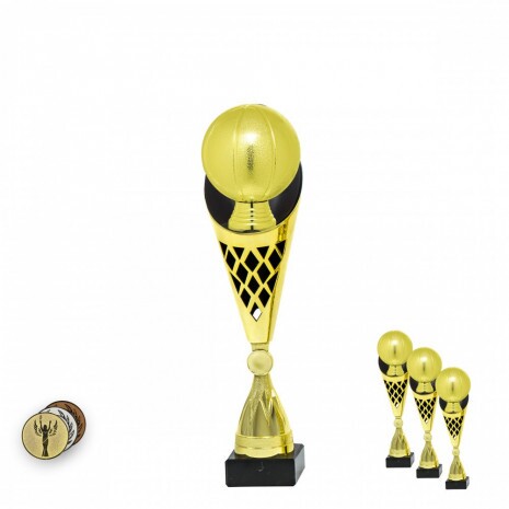 Basketbalová lopta na čierno-zlatej trofeji