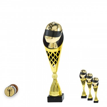 Motorsport (prilba) na čierno-zlatej trofeji